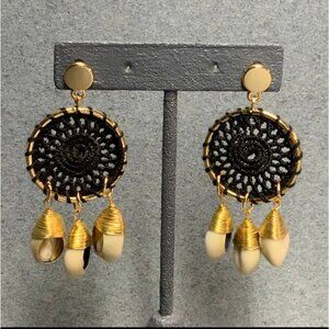Mandala Dangle Pierced Earrings Black Gold Seashell Exotic Retro BoHo Organic
